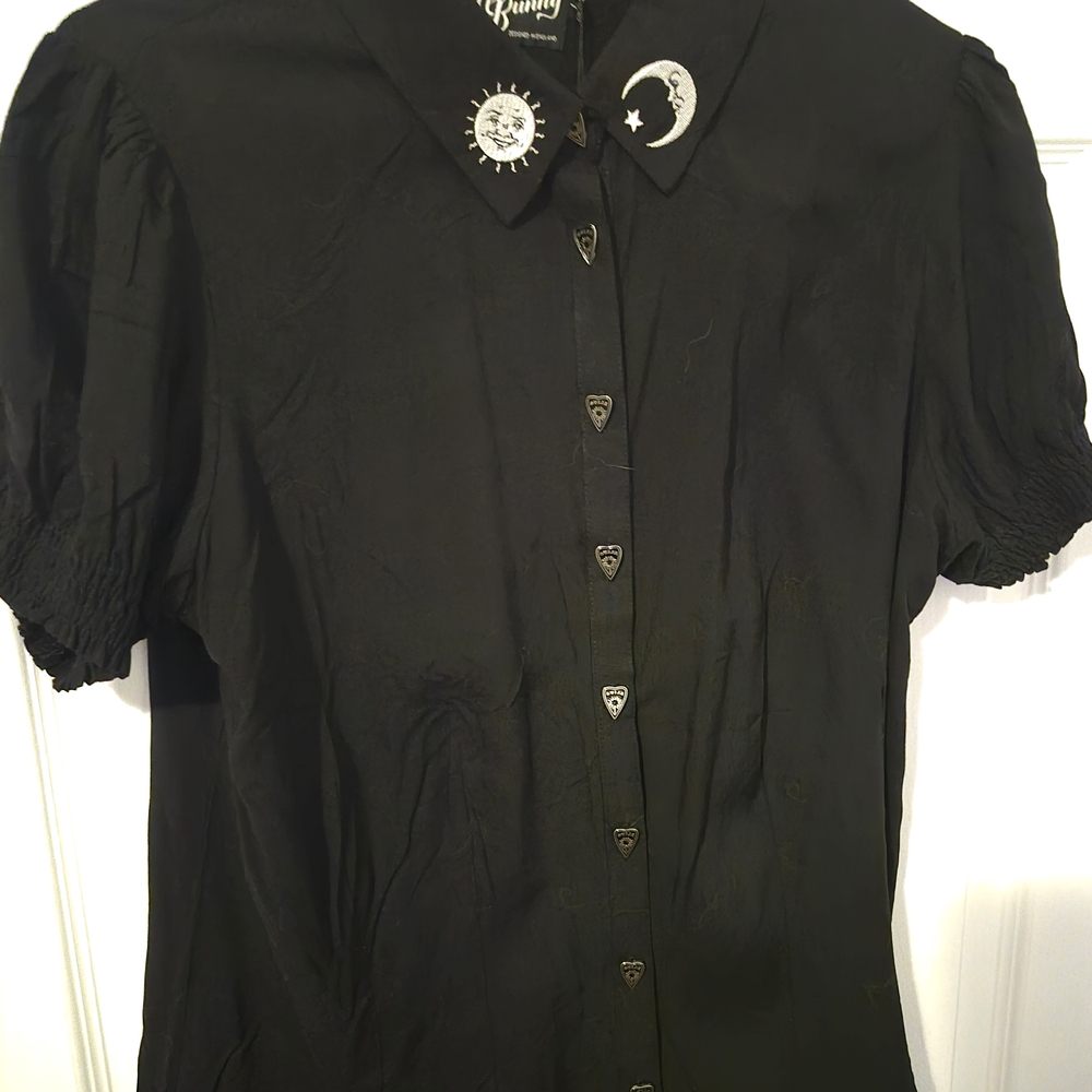 Hell Bunny Black Button Down Shirt with Embroidered Collar